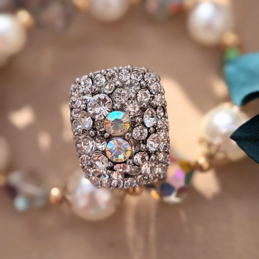 Vintage Art Deco Style Aurora Borealis Rhinestone Cocktail Ring, Adjustable